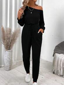 EMERY ROSE Women's Asymmetric Collar Asymmetrical Neck Long Sleeve Solid Color Casual Jumpsuit Fall Cloth For Women - Black - View 3