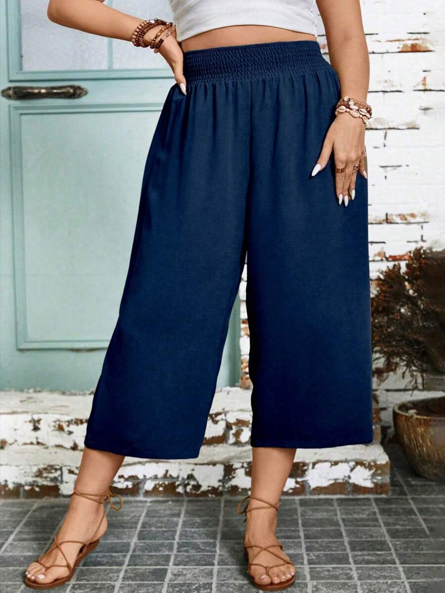 Breezaya Plus Size Solid Summer Wide Leg Vacation Casual Capris Pants