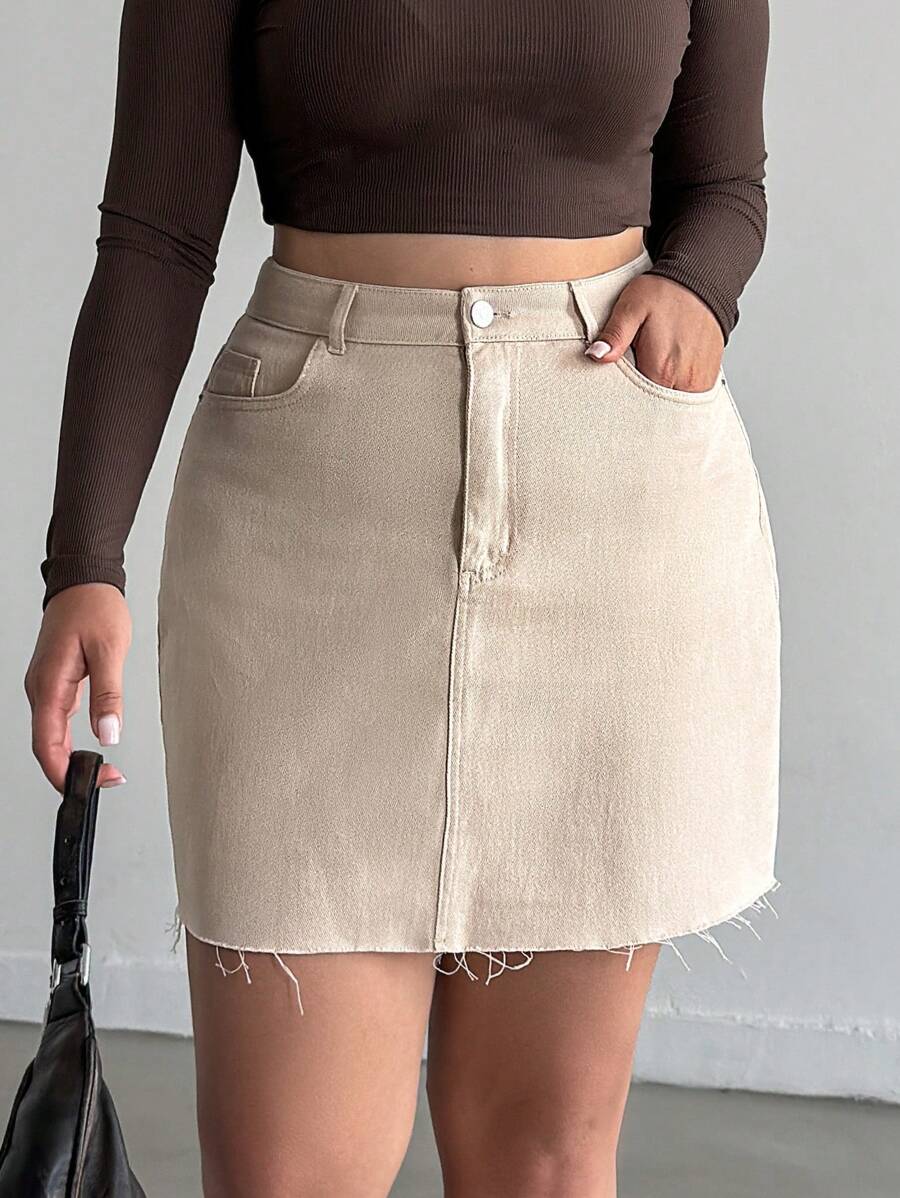 SHEIN Cottnline Plus Solid Frayed Hem  Casual Skirt - Beige - View 1