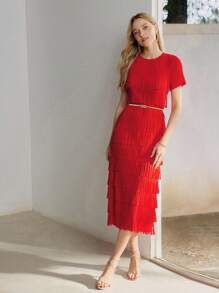 MOTF PREMIUM SOLID LAYERED FRINGE HEM BODYCON DRESS WITHOUT BELT - Hot Pink - View 5