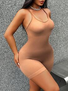 Zolique Women's Backless Criss-Cross Seamless Knitted Jumpsuit For Flattering Back - Coffee Brown - View 3