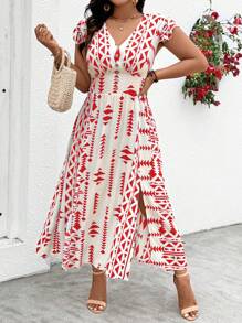 SHEIN Clasi Plus Size Vacation & Casual Geometric Printed Split Dress - Red - View 3