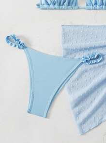 SHEIN Swim Bộ bikini gợi cảm màu trơn cho nữ đi biển mùa hè, bao gồm váy che chắn - Màu xanh nhạt - Xem 4