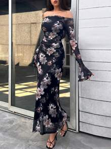 Firerie 女士浪漫性感花朵露肩长裙、露肩连衣裙、长款夏装、夏装、长款女装、优雅连衣裙、约会晚礼服、夏威夷连衣裙、长款沙滩裙、女士连衣裙、适合日常、通勤、度假、约会 - 彩色 - 查看 3