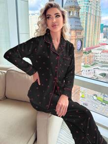 CottageSlumber Women's Cherry Printed Long Sleeve Top & Pants Pajama Set With Contrast Collar Top & Long Pants, Fall Winter Clothes - Black - View 4