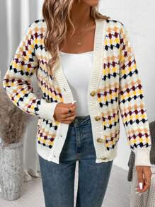 SHEIN LUNE Women's Colorful Minimalist Daily Buttoned Long Sleeve Cardigan - Multicolor - View 6