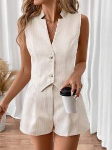 SHEIN Frenchy Áo vest và quần đùi viền bất đối xứng màu trơn phía trước, Bộ hai mảnh mùa hè thanh lịch - Màu Khaki - Xem 5