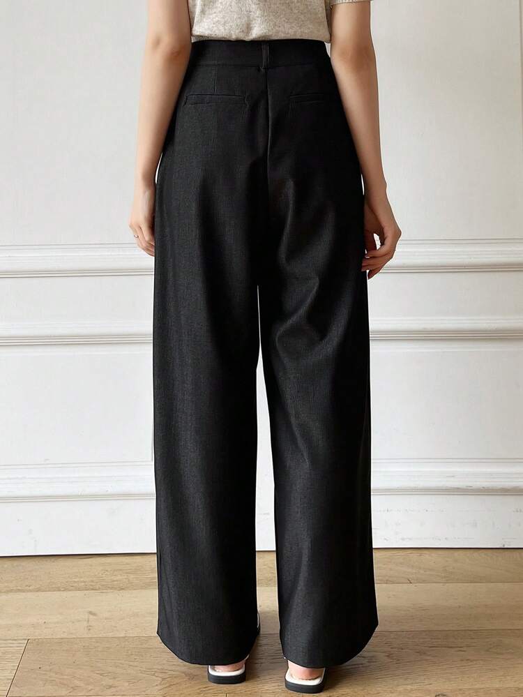 Women's Solid Color Loose Fit Wide-Leg Suit Pants With Hidden Button Business Attire