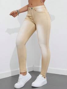 SHEIN Essnce Quần denim nữ Slim Fit thông thường và đa năng có túi - Màu Khaki - Xem 1