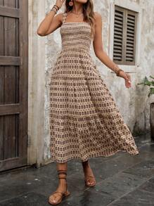 SHEIN LUNE Sleeveless Allover Print Dress With Ruffle Hem And Wide Straps - Khaki - View 6