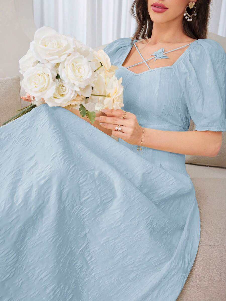 Modelyn 女士夏季優雅純色泡泡袖腰高連衣裙 - 藍色 - 查看 1