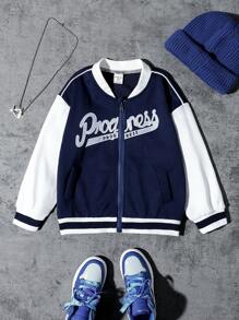 SHEIN 年轻男孩 1 件休闲有趣的学院风可爱街头夹克，带字母印花，适合日常穿着、上学、旅行、户外活动、秋冬季节 - 藏蓝色 - 查看 5
