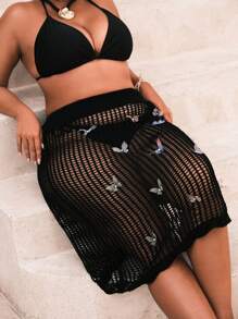 SHEIN Swim Curve 大码女式蝴蝶装饰简约日常罩衫夏季 - 黑色 - 查看 8