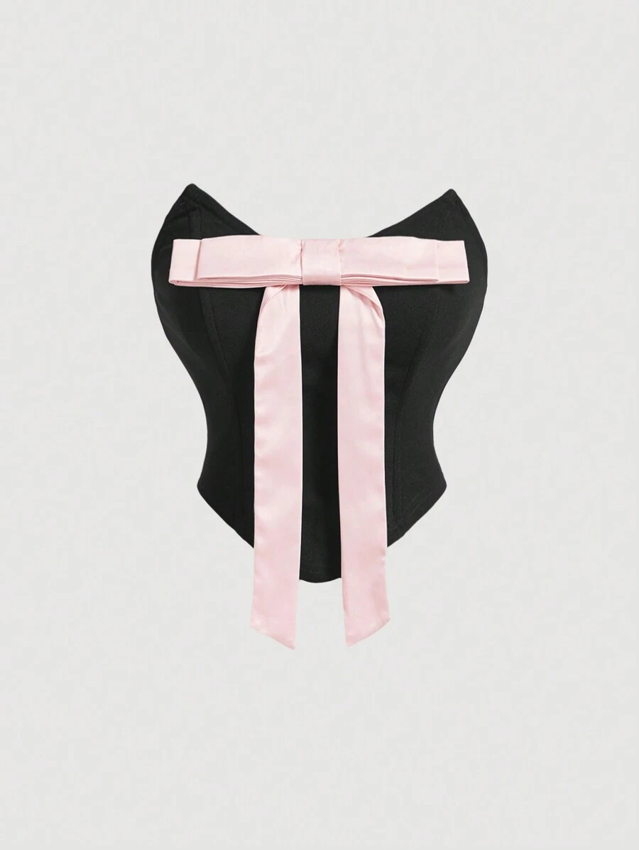 SHEIN MOD 女士复古可爱黑粉撞色蝴蝶结修身腰带背心，束身胸衣，外出上衣，生日礼物 - 黑色 - 查看 1