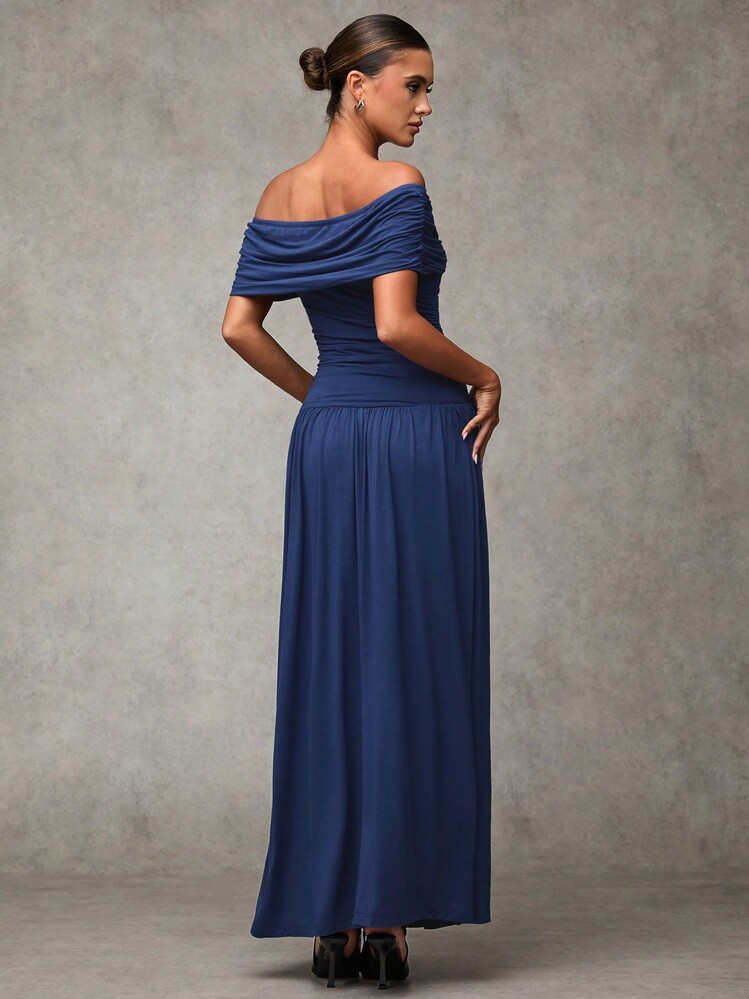 SHEIN BAE Dark Blue/Light Blue Polyester Casual Solid Color Off Shoulder Pleated Dress For Daily/Streetwear, Old Money Style, Teacher Outfits, Office Siren Outfits, Fall Women Clothes, Midi Women Dresses, Work Women Dresses - Navy Blue - View 2