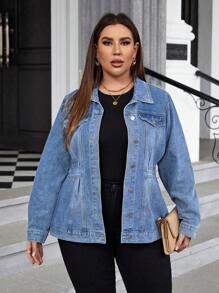 SHEIN LUNE Plus Size Women's Solid Color Simple Daily Wear Long Sleeve Denim Jacket - Light Wash - View 3