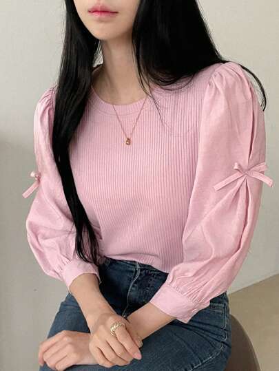 DAZY Blusa de mujer de manga larga con cuello redondo y lazo, blusa suave y delicada de novia, blusas de manga larga