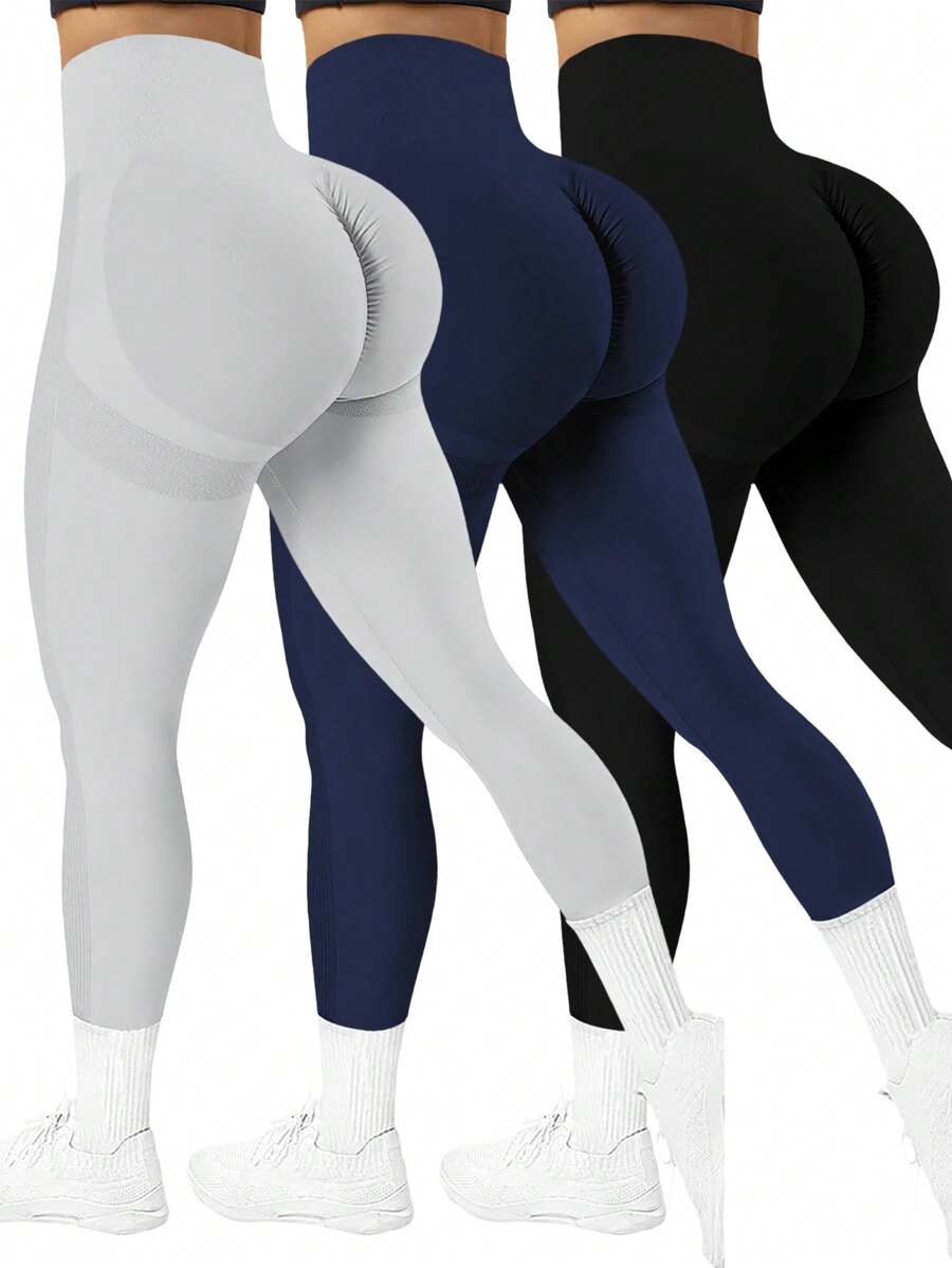 Easithlete 3 件套女士无缝高弹力运动紧身裤，纯色，休闲瑜伽裤 - 彩色 - 查看 1