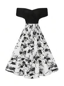 Mulvari Plus Size Color-Block Allover Print Off-Shoulder Dress For Women, Summer - Multicolor - View 4