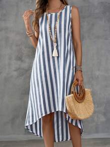 EMERY ROSE Vestido de mujer sin mangas con rayas de estilo campestre para vacaciones en la isla