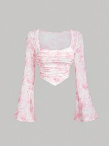 SHEIN MOD 粉色褶皱喇叭袖浪漫玫瑰印花女式上衣，初秋女式衬衫，适合秋季舞会、生日、返校节等场合 - 粉色 - 查看 1