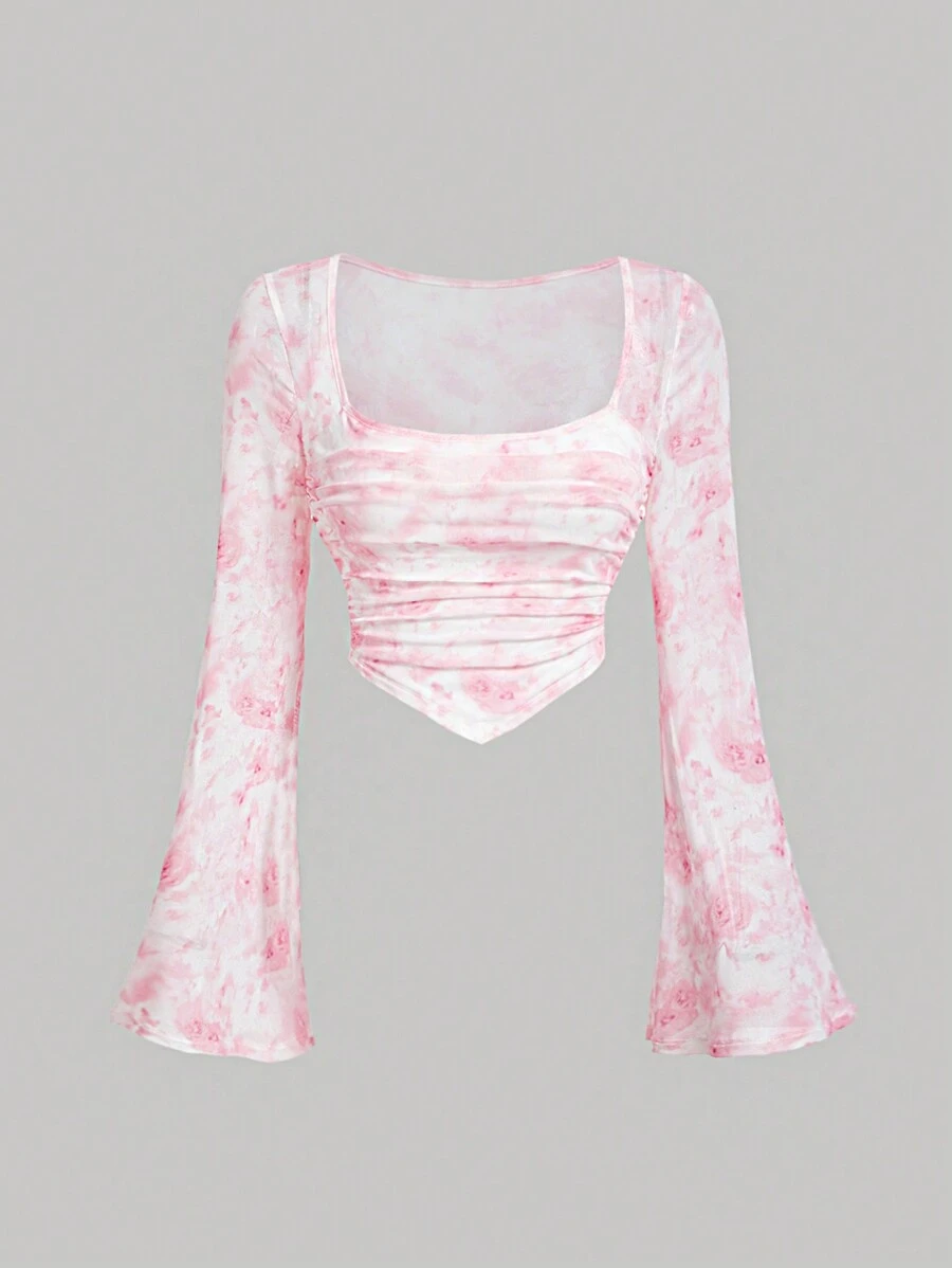 SHEIN MOD 粉色褶皱喇叭袖浪漫玫瑰印花女式上衣，初秋女式衬衫，适合秋季舞会、生日、返校节等场合 - 粉色 - 查看 1