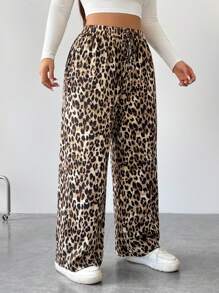 SHEIN EZwear Plus Size Leopard Print Loose Wide Leg Pants - Multicolor - View 5