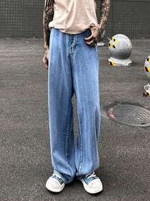 Manfinity Roghcode Jeans holgados para hombres de estilo vintage Streetwear Y2K - Azul lavado medio - Ver 4