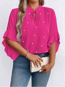 大尺碼女士夏季優雅系帶領口荷葉邊袖襯衫 - 玫紅色 - 查看 5