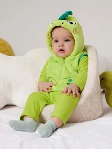 SHEIN 3 件套男婴荧光绿色可爱 3D 恐龙图案家居服套装，适合万圣节派对 - 綠色 - 查看 4
