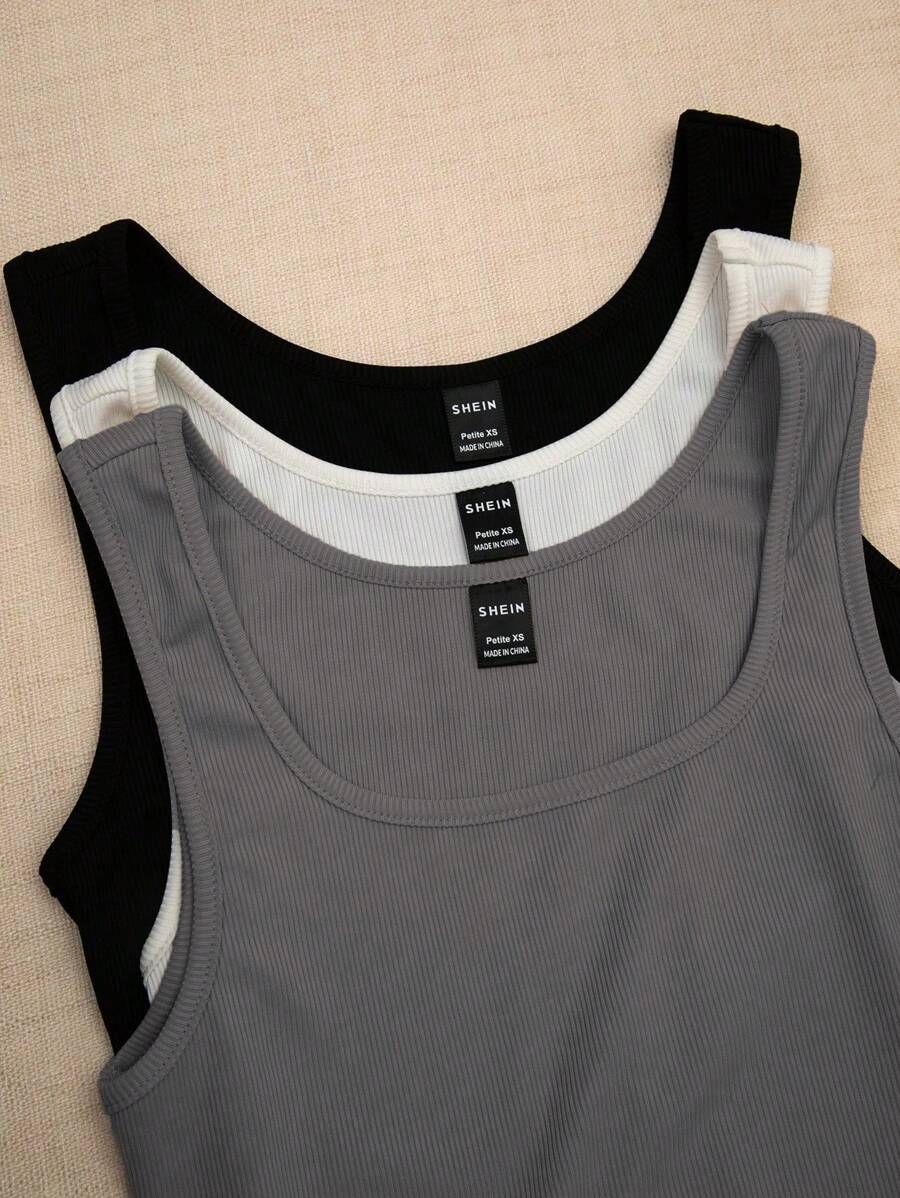 SHEIN PETITE 女士夏季方领休闲纯色背心组合图案 T 恤女士上衣