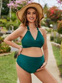 SHEIN Maternity Summer Beach Solid Color Halter Neck Bikini Set With Ring Decoration - Green - View 3