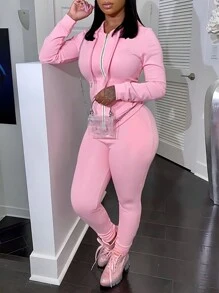 SHEIN Ladies' Plain And Simple Long Sleeve And Long Pants Two-Piece Set For Fall Daily Wear - Baby Pink - View 1