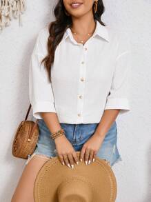 SHEIN Frenchy 大码落肩衬衫女式长袖条纹衬衫，可爱夏季上衣，夏秋季女装，白色衬衫，清新休闲衬衫，纽扣开合，包边衬衫，轻盈透气，采用舒适材料制成，适合度假外出，日常休闲 - 白色 - 查看 4