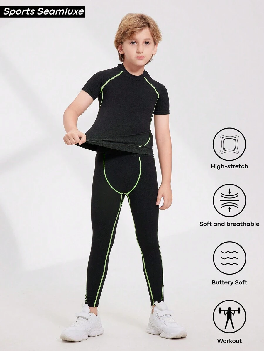 SHEIN Áo thun ngắn tay và quần dài cổ tròn màu sắc cho bé trai Tween Trang phục thể thao mùa hè - màu đen - Xem 1