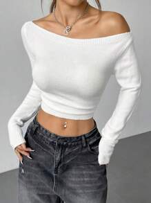 SHEIN Unity Women's Minimalist Casual Solid Color Asymmetrical Shoulder Long Sleeve Sweater,Long Sleeve Tops, Knit Pullover Fall Winter - White - View 5