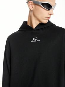 Manfinity VCAY Sudadera con capucha de punto para hombre con estilo callejero, logotipo impreso reflectante de 3M, hombros caídos y bordes anchos, adecuada para las estaciones de otoño e invierno - Negro - Ver 9