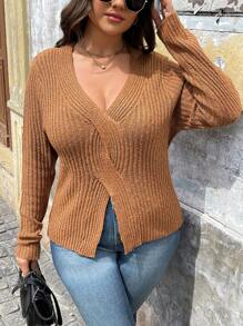 SHEIN LUNE Plus Size Women's Solid Color Simple Daily Long Sleeve Sweater Pullover Knit Pullover Fall Winter Outfit