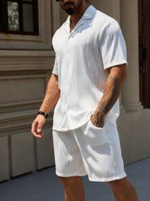 Manfinity Homme Men's Summer Solid Color Patch Collar Short Sleeve Shirt And Pocketed Shorts Casual Set - White - View 3