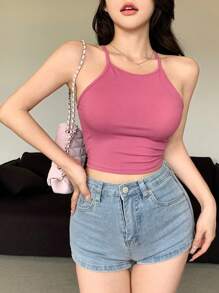 DAZY Women's Summer Solid Color Ribbed Slim Fit Camisole Top Going Out Tops Tops Halter Top - Hot Pink - View 6