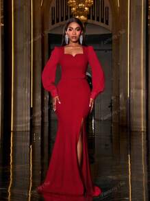 Faeriesty Square Collar Split Thigh Mermaid Hem Belted Formal Dress