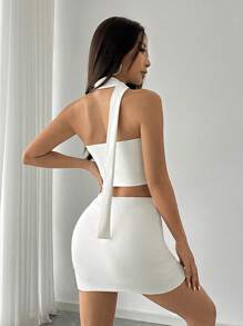 Lunelith SHEIN Lunessa Damen 2-teiliges Set aus trägerlosen, rückenfreien, einfachen Top und Bodycon Rock mit ausgeschnittenem Saum