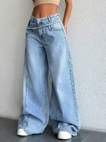 EURMUSE 100%Cotton WIDE LEG LOW WAIST LIGHT WASH - Light Wash - View 4