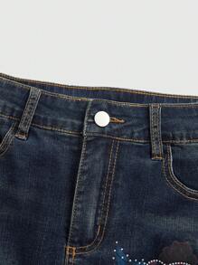 ROMWE J-Fashion تنورة جينز قصيرة مزينة بالزهور المُنصقة وإكسسوارات الراين للنساء، طراز Y2K الرجعي المتهالك - أزرق داكن - مشاهدة 4