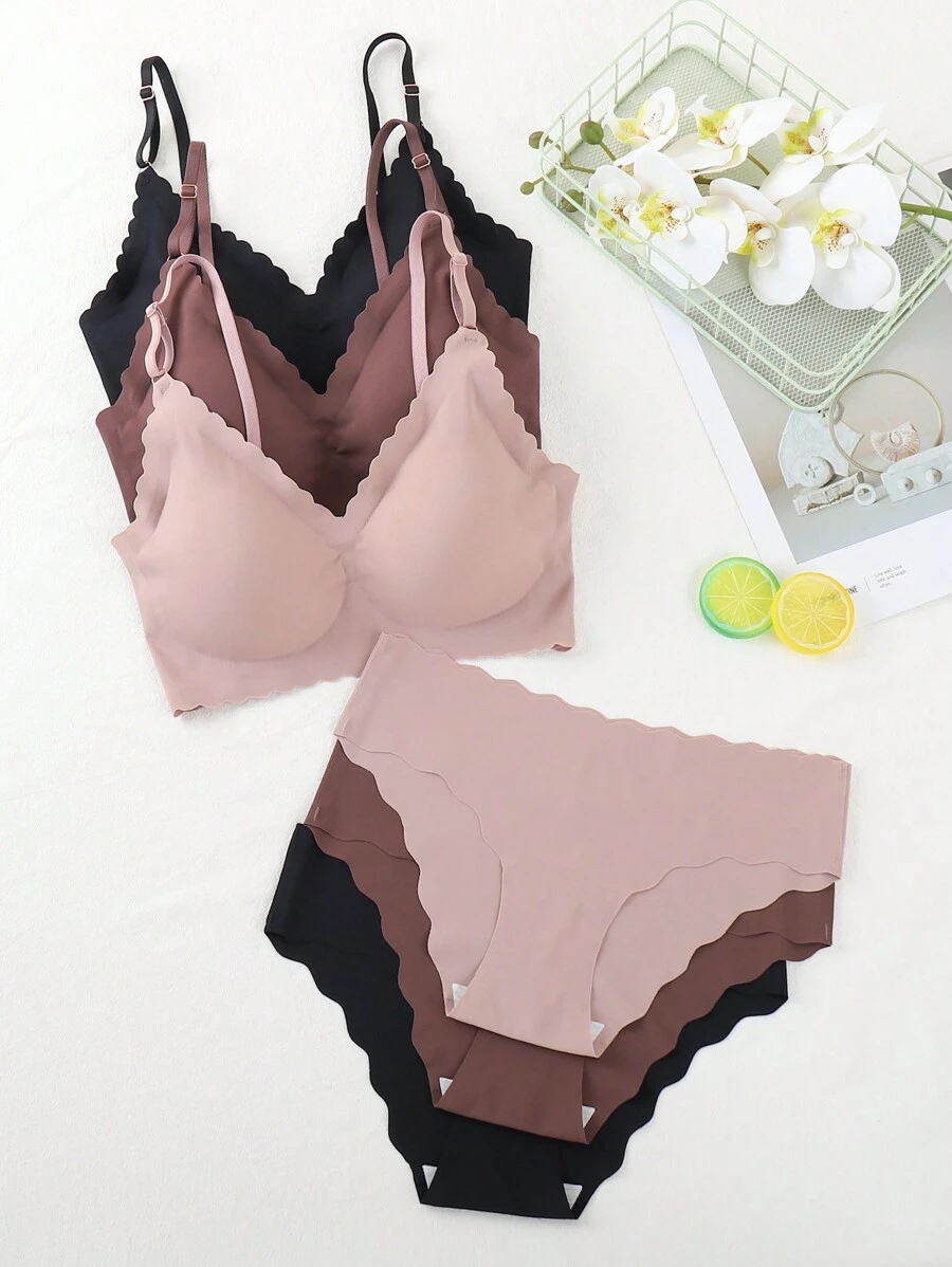 Conjunto de ropa interior de 6 piezas para mujer, cómodo y sin costuras con ribete festoneado, unicolor - Multicolor - Ver 1