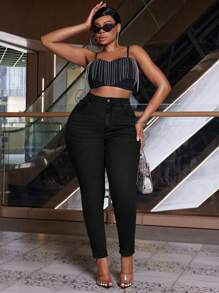 SHEIN SXY Plus-Size Stretchy Denim Skinny Pants - Black - View 6