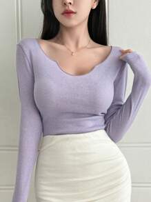 DAZY Women's Solid Color Slim Fit Long Sleeve T-Shirt With V-Neckline For Spring/Summer - Violet Purple - View 2