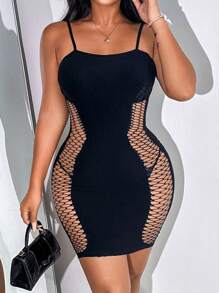 1pc Sexy Hollow Out Cami Dress For Women - Black - View 5