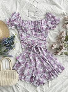 Soleia 女士复古紫色碎花泡泡袖后系蝴蝶结短款上衣和裙子套装，派对/度假休闲装 - 彩色 - 查看 3
