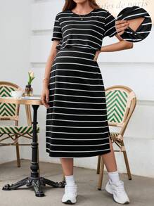 SHEIN Maternity Striped Round Neck Short Sleeve Casual Breastfeeding Nursing Dress, Summer - Black - View 1